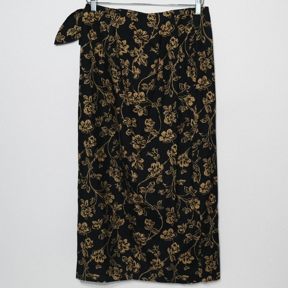 Lauren Ralph Lauren 4P Black & Beige Floral Silk Linen Midi Wrap Skirt NWT - Picture 2 of 9
